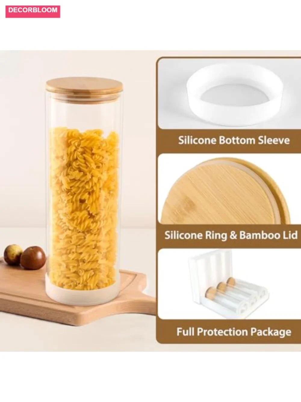 Large Airtight Pasta Storage Canisters with Bamboo Lids - 3 Pack